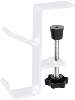 Zdjęcie produktu dla Unyqoos® Biały, wielofunkcyjny stojak na słuchawki z podwójnymi haczykami, składany, z regulowanym zaciskiem (1–4,5 cm), stabilny montaż śrubowy do biurka