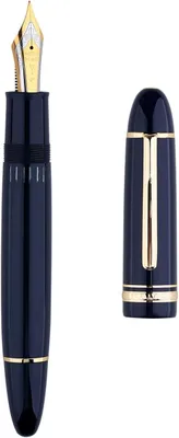 Productafbeelding van Erofa Majohn vulpen met drukknop - Nr 8 - Dunne stalen pen - Blauwe hars met venster voor inkt - Cadeau pen met doos
