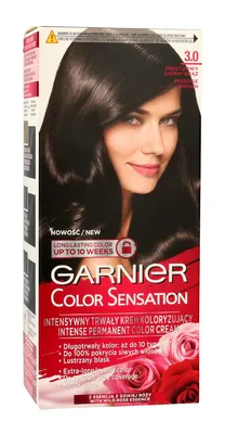 A box of Garnier Color Sensation hair dye, featuring a model with dark hair.