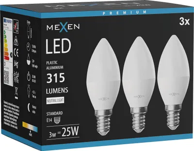 Obrázek produktu pro Mexen Nova 3x LED žárovka E14, C37, 3W, Neutrální - 4000K, 315 lm - L102-E14-0340-01x03