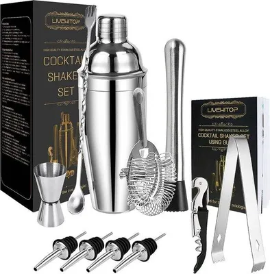 Imagen del producto de Conjunto de coctelería Unyqoos® de acero inoxidable: coctelera de 750 ml, juego de bar profesional con dosificador, colador de bar, machacador, pinzas para hielo, 4 tapones para botellas y tarjeta de recetas