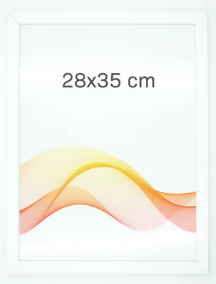 A white picture frame with a graphic wave design and text indicating size.