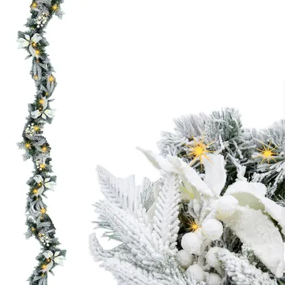 Produktbild von LED Tannengirlande mit Schnee und Blumen warm weiß beleuchtet - 183 cm mit 35 LED - Weihnachtsgirlande Batterie betrieben mit Timer - Deko Beleuchtung Kunst Tanne Girlande für Weihnachten Advent