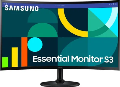 A Samsung Essential Monitor S3 displayed with a colorful graphic background.