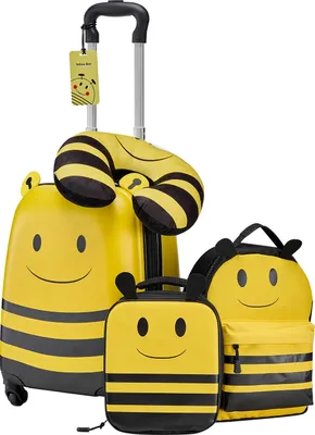 Immagine prodotto di Valigia per bambini SucceBuy, set da 5 pezzi, trolley rigido da 457,2 mm, zaino e cuscino a forma di U, bagaglio per bambini, regalo perfetto per le vacanze e i compleanni, motivo con api