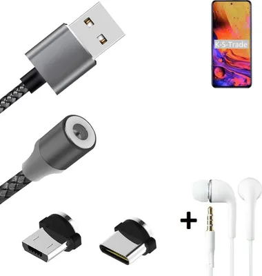 Produktbild von K-S-Trade® Hochwertiges Magnet-Lade-kabel Sync-Kabel Daten-Kabel + Kopfhörer kompatibel mit ZTE Axon 30 Pro mit USB-Typ-C-Anschluss und