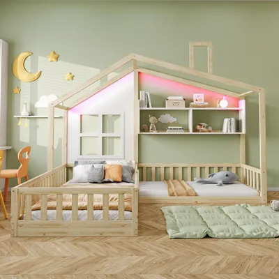 Immagine prodotto di OKWISH Letto per bambini 90x200 cm - Letto da casa con finestra, camino e contenitore incorporato, cancelletto di sicurezza, legno naturale - Senza materasso