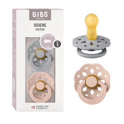 Produktbild von BIBS Boheme Schnuller 2er-Pack. BPA-frei, Kirschform Nippel. Naturkautschuk / Latex, Hergestellt in Dänemark. Größe 1 (0-6 Monate), Cloud / Blush