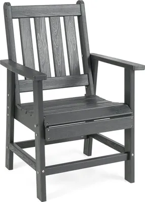 A gray outdoor chair is shown against a white background.
