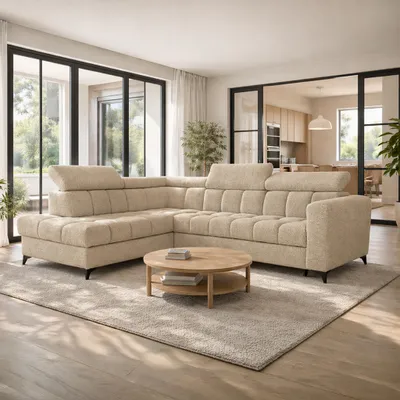 Produktbild von Ecksofa CAPRIO, Wohnzimmer, modernes Schlafsofa Sofa 5-Sitzer Sofa freistehendes Polstersofa Bettkasten 262 cm linke Ottomane Beige Marcello 04