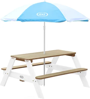 Produktbild von AXI Nick Kinder Picknicktisch aus Holz | Kindertisch in Braun & Weiß mit Sonnenschirm für den Garten