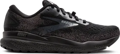 A black Brooks running shoe is shown from the side against a white background.