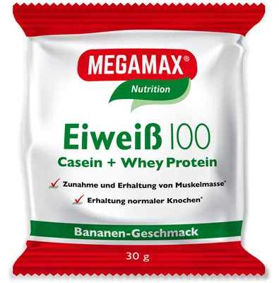 Produktbild von MEGAMAX Nutrition Eiweiß 100 Pulver Bananen-Geschmack, 30 g Pulver