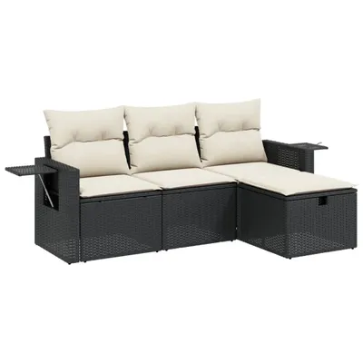 Produktbild von 4-tlg. Garten-Sofagarnitur, modular, Schwarz, aus UV-beständigem PE-Rattan & pulverbeschichtetem Stahl, inkl. Cremeweißen Kissen mit waschbarem Bezug