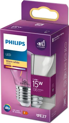 Produktbild von Philips Filament-Kerzenlampe, transparent 15W P45 E27, 1,4 W, 15 W, E27, 136 lm, 15000 h, Warmweiß