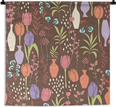 Produktbild von MuchoWow® Wandteppich Wandbehang Blumen - Vase - Muster 90x90 cm Tapisserie Dekoration Wandtuch - Wandaufhänger