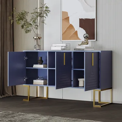 Produktbild von Merax Sideboard mit 3 Türen und verstellbaren Einlegeböden, Kommode mit Metallsockel, Anrichte Buffet Schließfachschrank Schrank, 138x80.5x40cm, Blau