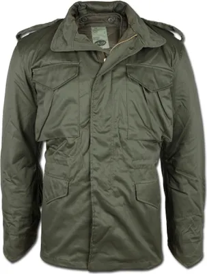 A front view of a green military-style jacket.