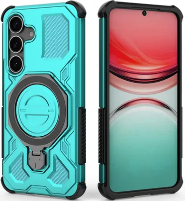 Immagine prodotto di Resistente cover per cellulare per Samsung Galaxy S25, robusta custodia con supporto ad anello, supporto magnetico e supporto verde menta