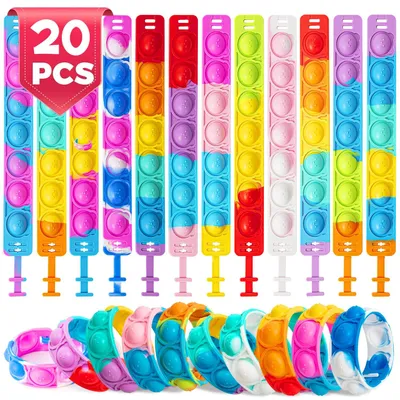 Zdjęcie produktu dla Zestaw 20 bransoletek "Pop it" dla dzieci, silikonowe bransoletki redukujące stres, idealne jako wypełnienie plecaka szkolnego, prezenty na rozpoczęcie szkoły, upominki na urodziny dziecięce i imprezy, bransoletki dla dziewczynek w kolorach tęczy