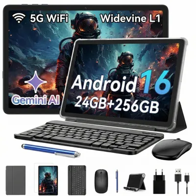 A collage of a tablet, keyboard, mouse, and other accessories, with promotional text overlaid on the tablet screens.