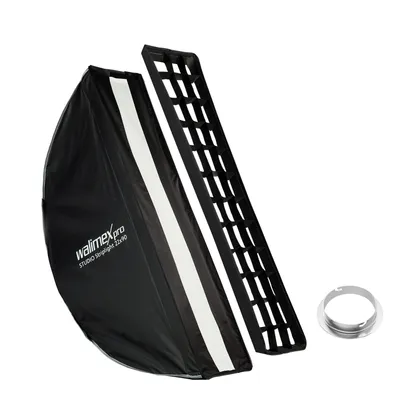 Produktbild von Walimex pro Studio Striplight Softbox 22 x 90 cm + Elinchrom Softboxadapter, Lichtformer 360°, Schirmfunktion, inkl. Grid, Maske, Bowens Adapter, Tasche, ideal für Produkt- u. Peoplefotografie