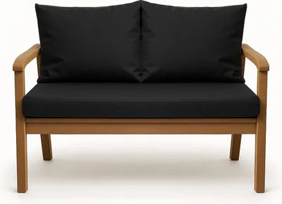 A studio shot of a two-seater outdoor sofa with black cushions.
