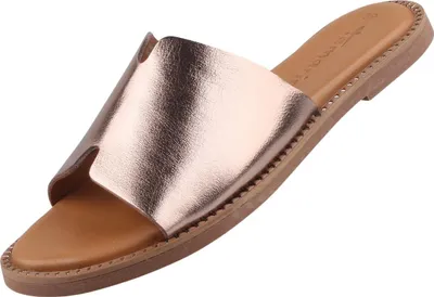 A single metallic rose gold slide sandal on a white background.