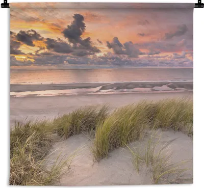 Produktbild von MuchoWow® Wandteppich Wandbehang Sonnenuntergang - Düne - Strand - Pflanzen - Meer 120x120 cm Tapisserie Dekoration Wandtuch - Modern - Baumwollgewebe