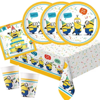 37-teiliges Minions-Partyset: Teller, Becher, Servietten & Tischdecke