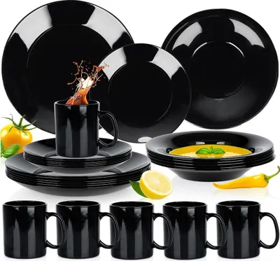 Immagine prodotto di Vilde | Set di stoviglie - Nero - 24 pezzi - Vetro opalino - 6 persone - Piatti fondi - Piatti piani - Piatti da dessert - Mugs