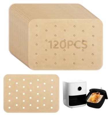 Image de 120 feuilles de papier de cuisson pour friteuse à air chaud, 14 x 20,5 cm, rectangulaires, perforées, compatibles avec les modèles Cosori CS130, Ninja AF400UK et AF300UK.