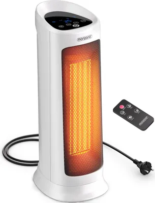 A white electric heater with an orange glowing heating element, shown with a remote control.