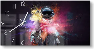 Produktbild von DEQORI Glasuhr 60x30 cm Zahlen 'Kosmonaut in Farbknall' Wanduhr Glas Uhr Design leise