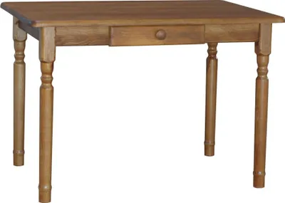 A wooden table with a single drawer, shown from the front.