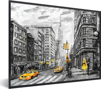 Produktbild von MuchoWow® Gerahmtes Poster Malerei - Stadt - Auto - Gelb 80x60 cm - Poster mit Schwarzem Bilderrahmen Wandposter Rahmen Foto Bilder - Schwarzem - Mit Gestell