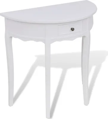 A white half-round console table with a single drawer is shown against a white background.