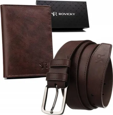 Produktbild von rovicky Geldbörsen- & Gürtel-Set für Herren, braun, Modell Meauke, Kunstleder, RFID-Schutz, 6 Karten-, 3 Dokumenten-, 1 Münz- & 2 Geldscheinfächer. Geldbörse: H 11,5 x B 9 x T 2,5 cm. Gürtel: L 125 cm, B 3,3 cm, D 0,3 mm