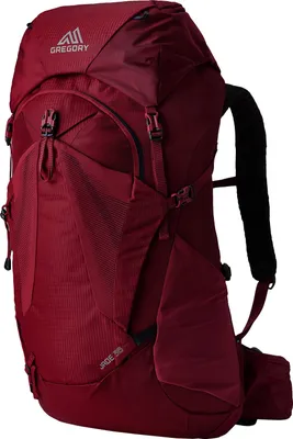 A studio shot of a red backpack.