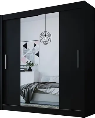 Produktbild von Easy4You D2 180 cm Schwarz Schiebetüren Kleiderschrank 180x215x58 cm mit Spiegel - Schlafzimmermöbel, Aufbewahrung - Mehrzweckschrank