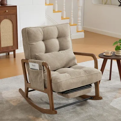 Produktbild von okwish Polstersessel mit verstellbarer Rückenlehne, Schaukelstuhl mit Fußstütze und Seitentaschen,Cord, Relaxstuhl,Für Wohnzimmer,khaki