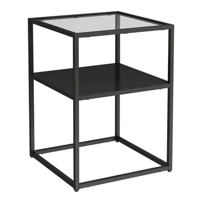 A black metal side table with a glass top and a shelf.