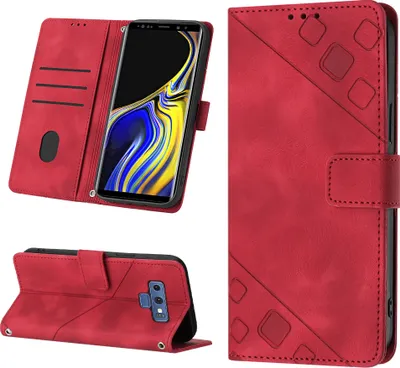 A red leather wallet-style phone case for a Samsung Galaxy Note 9 is shown from multiple angles.