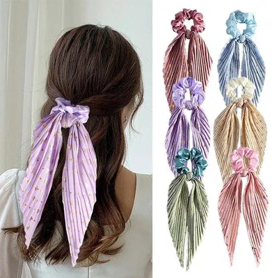 Produktbild von Haargummis – 6 Stück – Scrunchies mit Schleife – Handgefertigtes, plissiertes Design – Set von Haaraccessoires – Haargummis – Handgefertigte, gefaltete Scrunchies – Vintage-Schal-Stil Haargummis – Retro-Haaraccessoires – Haargummis mit Stoffbezug