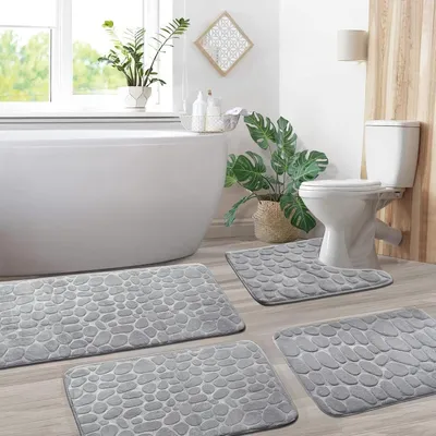 Produktbild von Badteppich Set 4-teilig, rutschfest, weich und saugfähig, grau, für Dusche