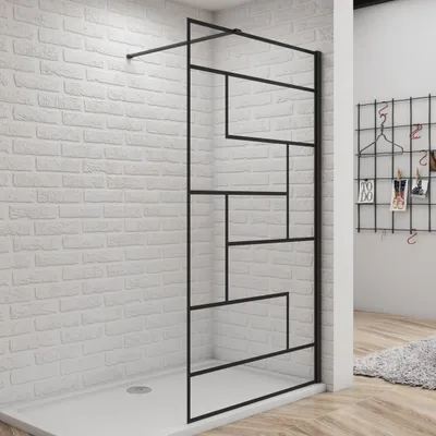 Produktbild von 8mm Schwarz unregelmäßige Form Duschwand für Begehbare Dusche Hartglas 80×200 cm + N Form 140cm flexiblen Stange Schwarz