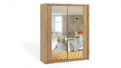 Produktbild von FurMeb24 Schiebetrenschrank BONO 180 cm Kleiderschrank mit Spiegel, 2-triger Schiebeschrank (Eiche Artisan / Eiche Artisan)