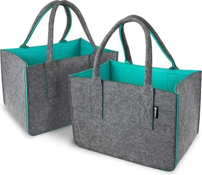 Image de Unyqoos® - Lot de 2 sacs de courses en feutre, épaisseur 5 mm – sacs pliables de 40 x 27 x 27 cm, avec poignées extra longues, sac à bandoulière, lavable à 30°C, gris/turquoise