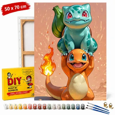 Obrázok produktu pre Obraz na maľovanie podľa čísel s rámom – Pokemon Bulbasaur a Charmander, 50 x 70 cm