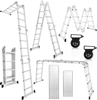 Produktbild von Mehrzweckleiter 4x4, 7in1 Multifunktionsleiter 470CM Alu Vielzweckleiter Klappleiter mit 2 Plattform und Räder, Haushaltsleiter Max Belastung 150kg, Multifunktionsleiter 16 Sprossen